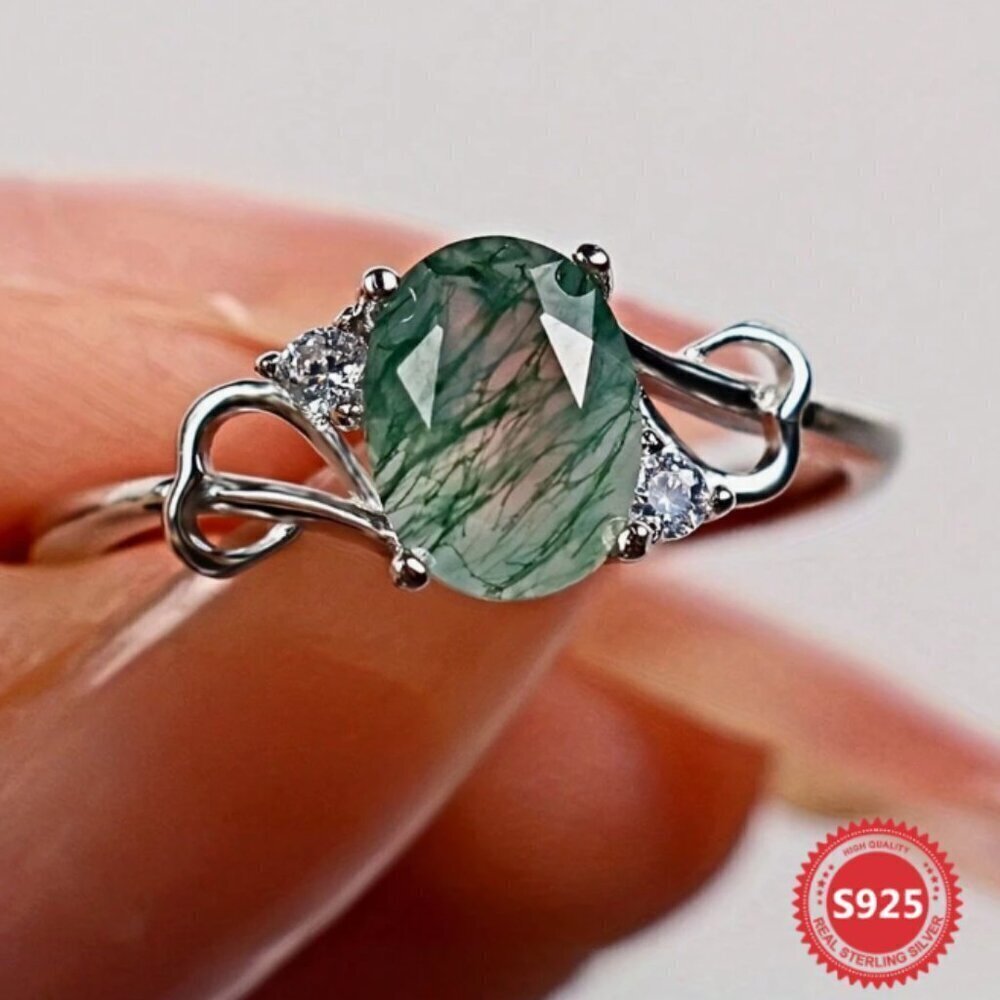 Moss Agate Oval Cut 925 Silver Ring with Zircons
